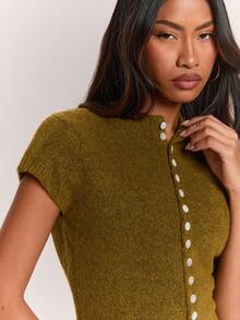 SHEIN BAE Regular Women's Button Knit Top - Green - View 7