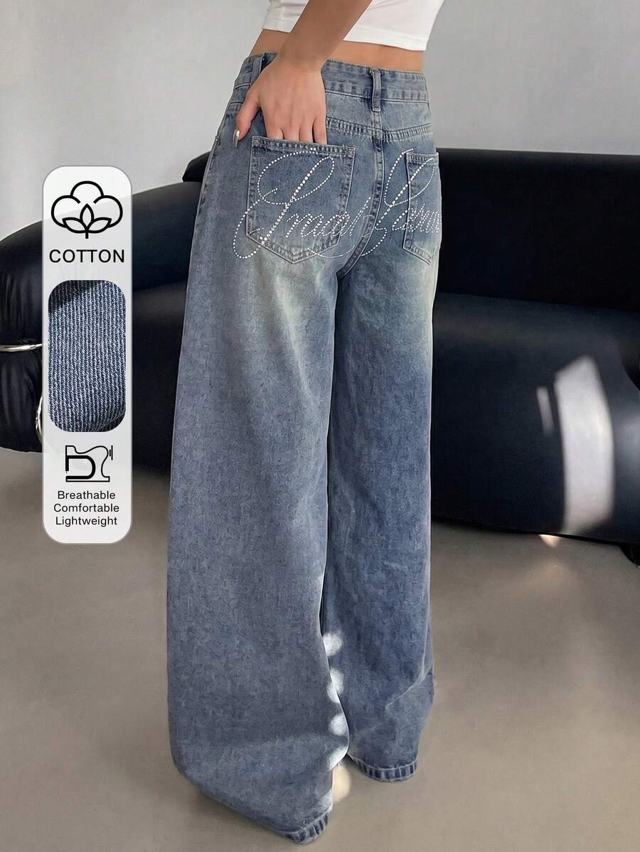 DAZY Women's Casual Basic Everyday Swimming Rhinestone Letter Pattern Washed Wide Leg Jeans With Slant Pockets Back-To-School White Summer - Dark Wash - View 1