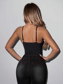 SHEIN ICON Women's Solid Color Spaghetti Strap Sleeveless Fitted Lace Patchwork Bodysuit, Summer - Black - View 2