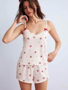 Elorette Damen Schlafanzug Set, geripptes Strickgewebe, Schmetterlings-Muster Kontrastspitze, süß & sexy Trägerhemd und Shorts - Weiss - Übersicht 5