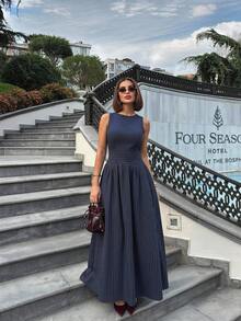 Siren Gaze Navy Blue Striped Sleeveless High-Waisted Midi Dress, Elegant Vintage Style With A Flowing Drape, Perfect For Work - Navy Blue - View 1