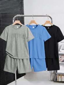 SHEIN 6件套男童休闲宽松字母图案圆领T恤短裤套装，适合通勤、上学、日常穿着、运动、春夏穿着。 - 灰色 - 查看 2