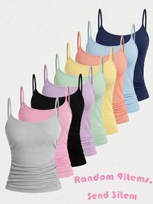SHEIN 青少年女孩休閒修身針織細肩帶背心上衣3件組，適合春、夏、秋、冬 - 彩色 - 查看 1