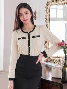 DAZY Spring Summer Autumn Round Neck Long Sleeve Apricot Color 3D Jacquard Fabric Slim Fit Women's T-Shirt School - White - View 5