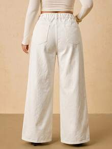 SHEIN Tall CURVE 大码女式高腰双扣白色阔腿牛仔裤，休闲夏季优雅商务日常穿搭；大码女式纯色口袋拉链纽扣宽松牛仔裤，夏季款 - 白色 - 查看 2