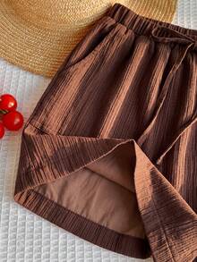 SHEIN EZwear 女款巧克力棕色腰部繫帶口袋休閒百搭短褲 - 巧克力棕 - 查看 6