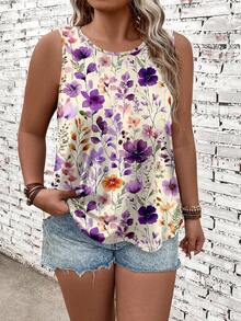 EMERY ROSE Floral Print Plus Size Round Neck Sleeveless Camisole - Multicolor - View 1