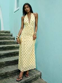 Opulessa Vestido de mujer de punto de malla de unicolor con cuello halter y espalda descubierta para vacaciones de primavera/verano - Amarillo claro - Ver 2