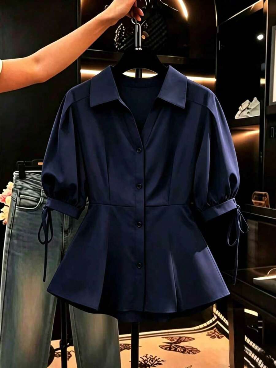 Franclia 優雅短袖女款上衣襯衫，修身收腰遮腹泡泡袖上衣 - 藏蓝色 - 查看 1