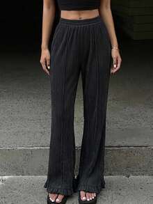 FRIFUL Women's Casual Solid Color Textured Elastic Waist Flare Pants Ruffle Pants Bell Bottom Pants Flared Pants Wide Leg Pants Pleated Pants - Dark Grey - View 6
