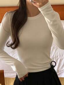 DAZY 2pcs Women's Solid Color Long Sleeve Base Layer T-Shirt & Chiffon Cami Top Set, White, Spring/Summer Lounge Sets For Women - White - View 8