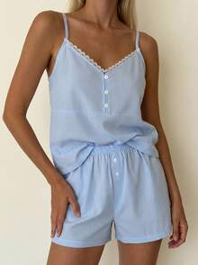 DAZY 2pcs Lace Patchwork Sleeveless Camisole & Loose Shorts Pajama Set For Women, Summer - Blue - View 10