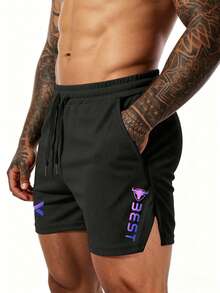 GymBeat Men's Workout Shorts Black Fabric Short Length With Letter Graphics Two Pieces, Gym - Black - View 6