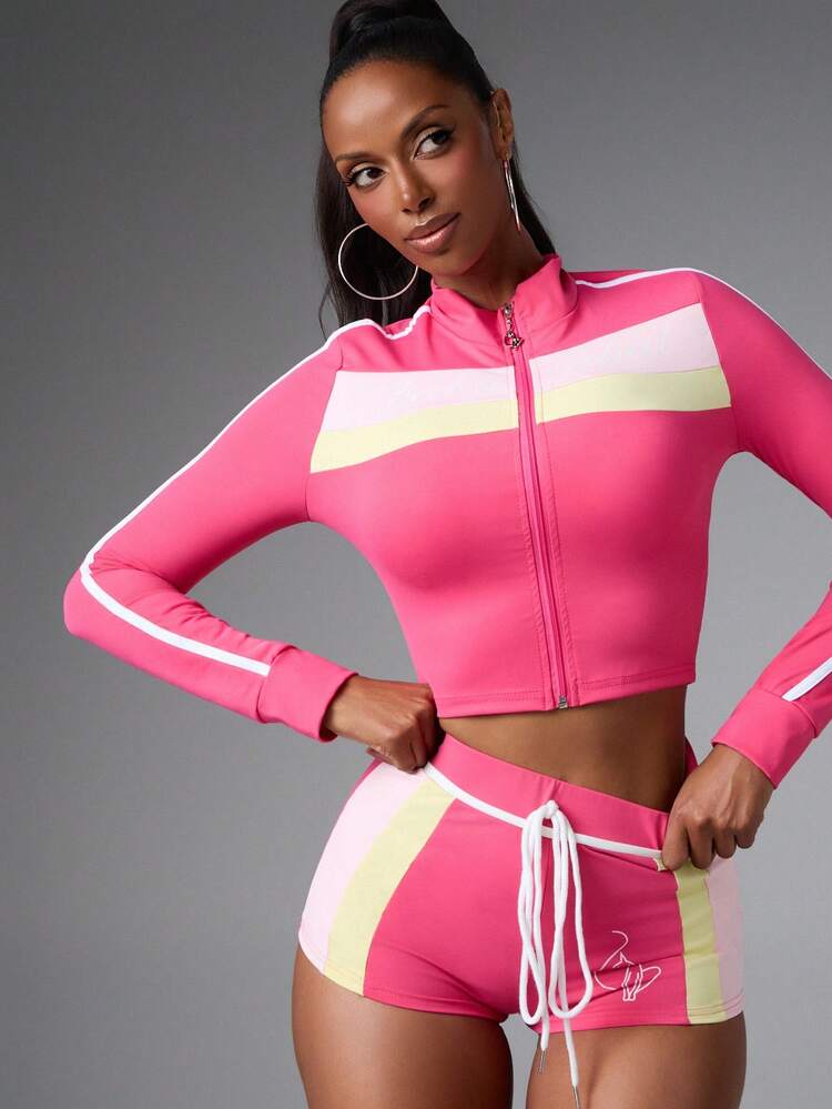 BABYPHAT 컬러블록 스트라이프 디테일과 모크넥이 있는 크롭 지퍼업 재킷