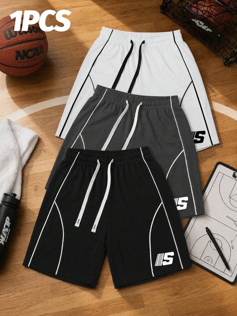 Gym Rark American Streetwear Letter Print Sports Shorts For Men, Black And White Contrast Line Drawstring Training Shorts, Gym - Black - View 1