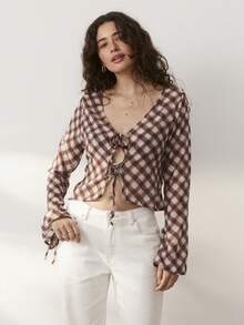 Aralina 2 pezzi top estivi da donna a quadri con laccio davanti, stile cottagecore, maniche lunghe, outfit da brunch, top carini da donna - Grigio Chiaro - Visualizzare 8