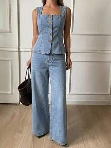 DAZY Western Cowgirl Vest Decorated Button Loose Wide Leg Pants Elegant Spring Autumn Women Denim Suit Summer - Light Wash - View 3