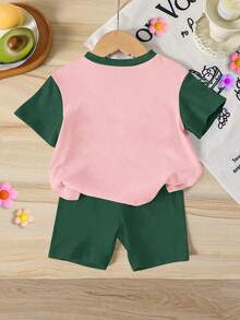 Set Baju Bayi Perempuan Gaya Korea Warna Pink & Hijau Segar, Atasan Lengan Pendek Leher Bulat Motif Pita Sederhana dengan Celana Pendek Ketat Warna Hijau Tua, Cocok untuk Musim Semi & Musim Panas, Jalan-jalan Sehari-hari, di Rumah & Luar Ruangan, Pesta, Serbaguna - MultiWarna - View 3