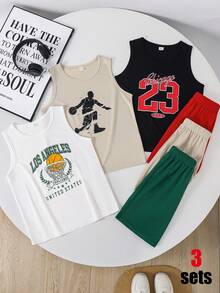 SHEIN 3sets Kids Tween Boy Casual Loose Letter Print Crew Neck Short Sleeve Tank Top & Shorts 2-Piece Set Multi-Pack Suitable For Commuting School Daily Casual Outings Sports Spring Summer - Multicolor - View 5