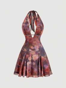 SHEIN MOD Vintage tropisches sexy bedrucktes Neckholder-Mini-Kleid mit Cut-out und Schleife, dunkelbraun, für Sommer, Herbst, Strandurlaub, Nachtausgang, Party, Country-Konzert, Blumenmuster - Verschiedenfarbig - Übersicht 7