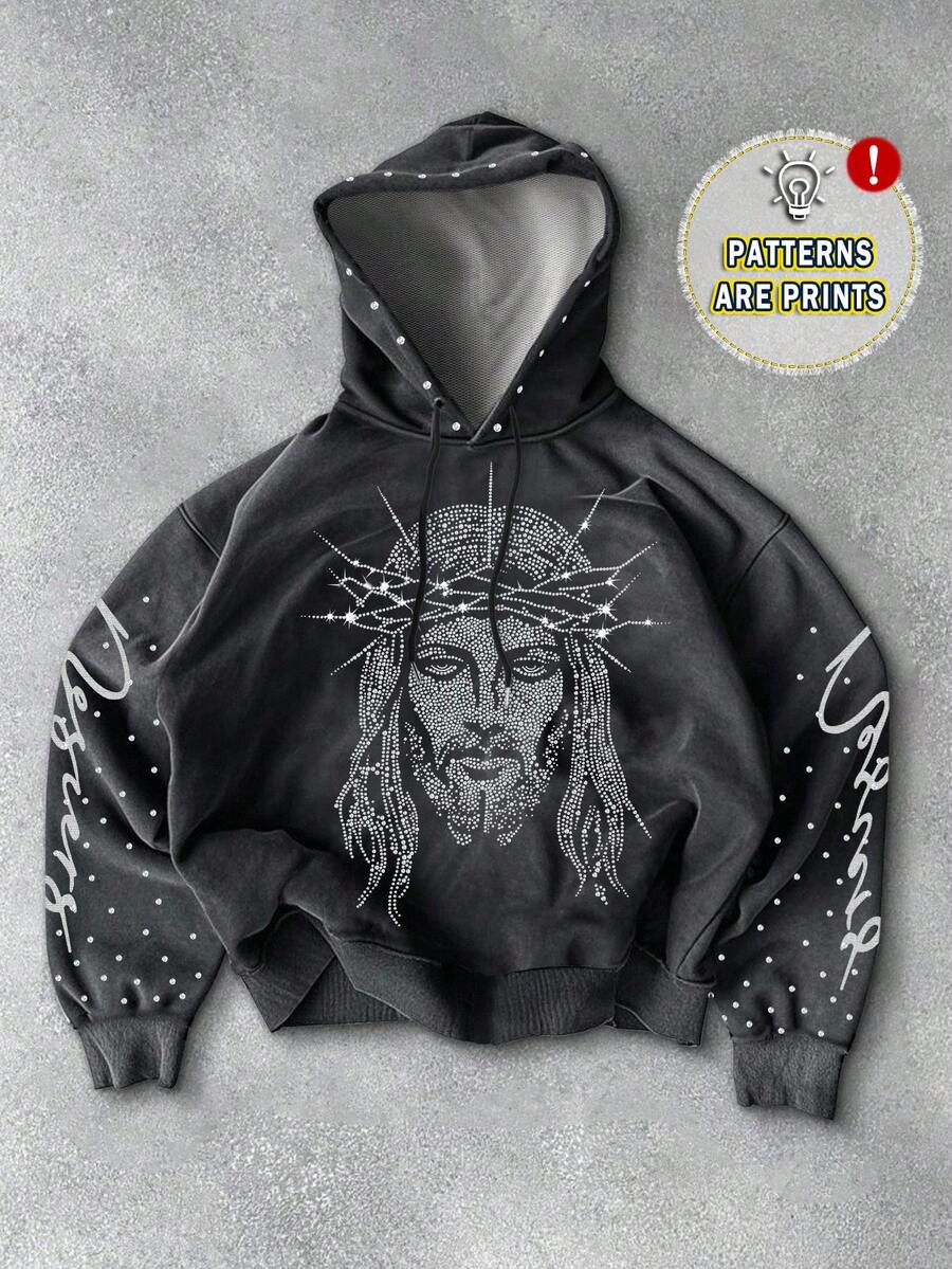 Manfinity Roughcore Sudadera con capucha con adornos de rhinestone Manfinity Streetrush para hombres, sudadera con gráfico de Jesús, otoño, parte superior de manga larga - Multicolor - Ver 1