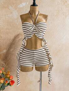 Soleia New Vacation Blue & White Striped Camisole Top And Mini Skirt Set, Summer, Spring, Vacation, Beach, Outing, Striped Two Pieces Set, Women's Vacation Two Pieces Set, Summer Two Pieces Set, Red & White Swimsuit, Swimwear Two Pieces Set, Party Outfit, Ruffle - Coffee Brown - View 8