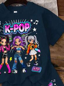 Young Girl Simple Cartoon Girl Portrait Print Short Sleeve T-Shirt And Casual Shorts 2pcs Set Suitable For Summer - Multicolor - View 6