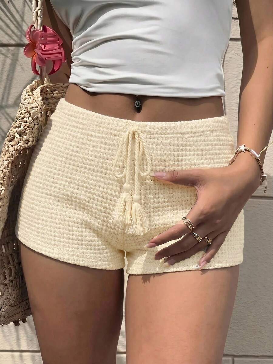 SHEIN EZwear 女士杏色针织修身短裤,休闲度假款 - 米色 - 查看 1