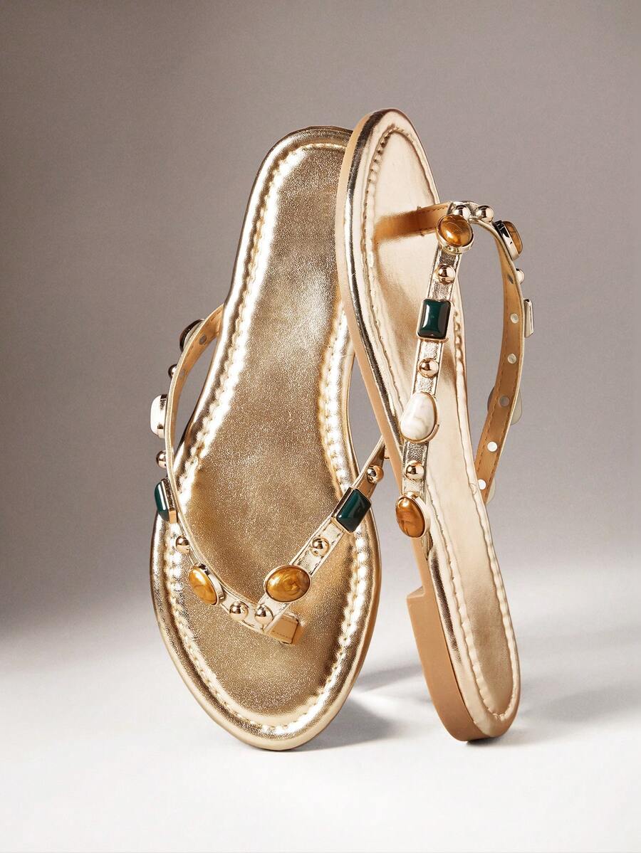 SHUZIA Women Beaded Decor Flip Flop Flat Sandals - Gold - View 1