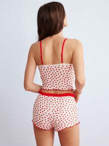 Elorette 浪漫心形印花蕾丝边修身女士睡衣套装 - 白色 - 查看 5