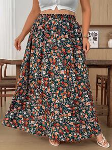 SHEIN CURVE+ Summer Pink Dense Print Full Skirt Cool Comfortable Plus Size Skirt - Multicolor - View 8