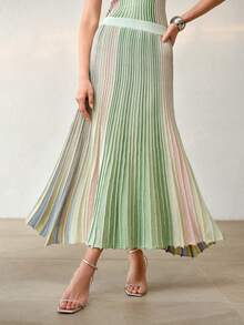 MOTF PREMIUM CONTRAST COLOR STRIPED KNIT SKIRT - Green - View 5
