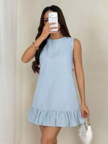 SHEIN PETITE Sea Dress 女款短版波西米亞風洋裝 復活節女裝 藍白條紋 荷葉邊下擺 無袖圓領迷你洋裝 - 淺藍色 - 查看 4