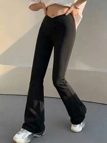 DAZY Leggings de pierna acampanada larga de unicolor con ajuste ceñido para primavera y verano - Negro - Ver 3
