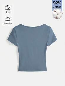 SHEIN BASICS Women's Solid Color V-Neck Casual Versatile Daily Outing Short Sleeve T-Shirt - Blue - View 2