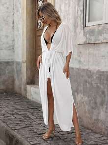 Swim Vcay Damens enfärgade plisserade avslappnade semesterstrandkimono cover-up - Vitt - Visa 4
