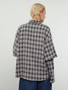 COUREZ 長袖寬鬆格紋雙層襯衫/Y2K Grunge街頭風女款秋季灰色格紋休閒外出穿搭日常穿搭 - 黑色 - 查看 2