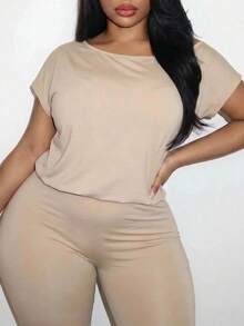 Slaydiva Spring/Summer Style School Sports Beach Casual Khaki One-Shoulder Loose Short-Sleeved T-Shirt Paired With Cycling Capri Pants Plus Size Women's Set - Khaki - View 7