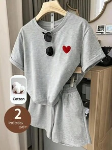 SHEIN 青少年女孩針織素色愛心貼布休閒T恤與短褲兩件套 - 灰色 - 查看 3