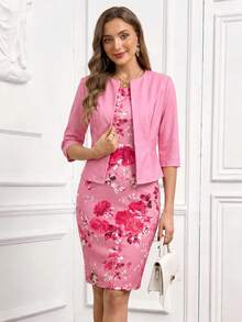 SHEIN Clasi Conjunto de 2 piezas para mujer con vestido ajustado de estampado floral elegante y cárdigan de punto de manga media en color rosa, adecuado para citas, ir al trabajo y uso diario - Rosa Fucsia - Ver 8