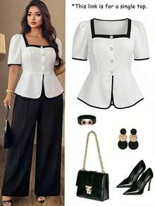 SHEIN Clasi Fashionable High-Neck French Style Plus Size Women Blouse - White - View 1