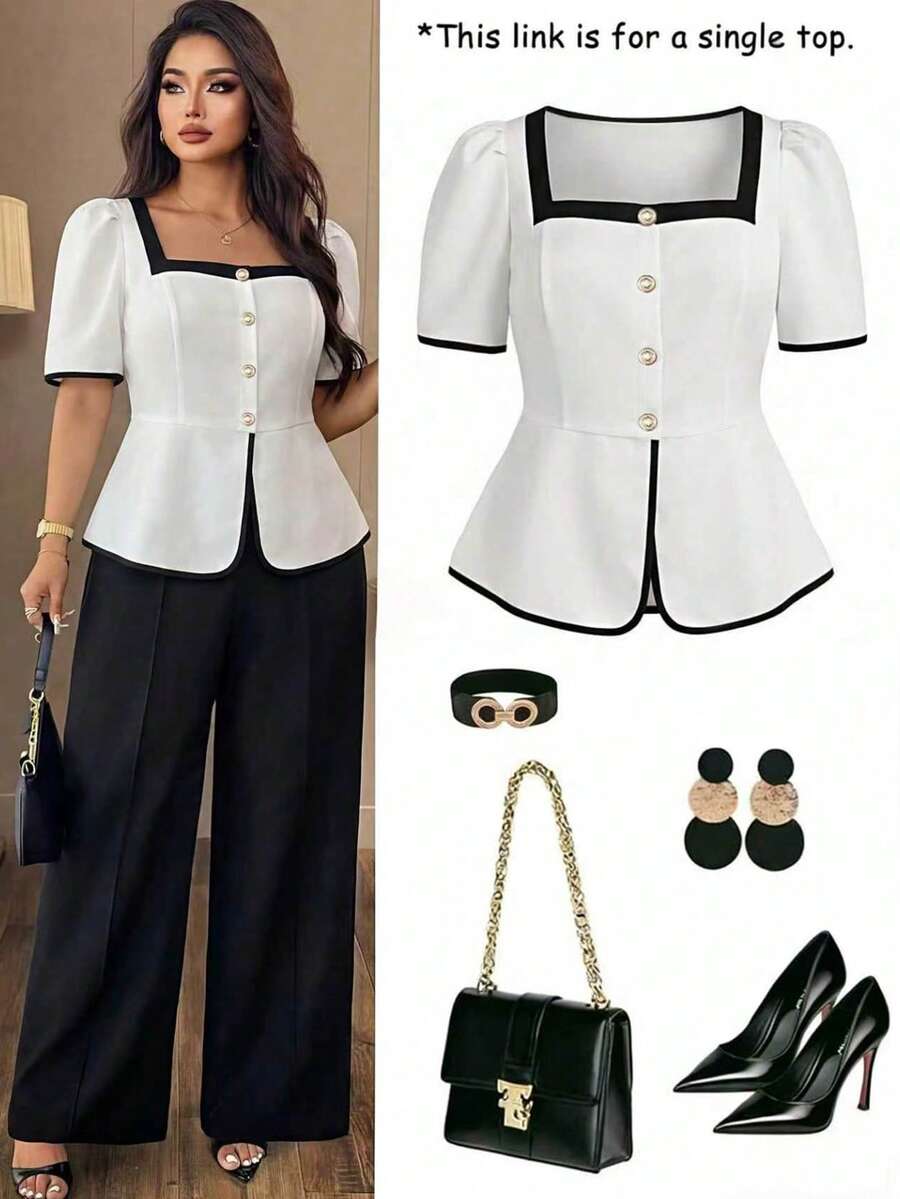 SHEIN Clasi Fashionable High-Neck French Style Plus Size Women Blouse - White - View 1