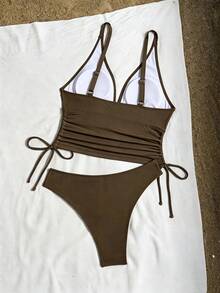Swim SXY 女款2件式海灘夏季套裝，多色豹紋印花面料，深V領，雙肩帶，抓皺休閒比基尼套裝，兩件式泳衣 - 咖啡棕 - 查看 2
