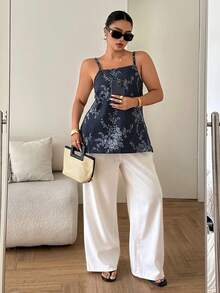 Dazy Plus Top de tirantes rectos de mezclilla con estampado floral, estilo vacacional, tallas grandes para mujer, primavera/verano - Azul lavado oscuro - Ver 4