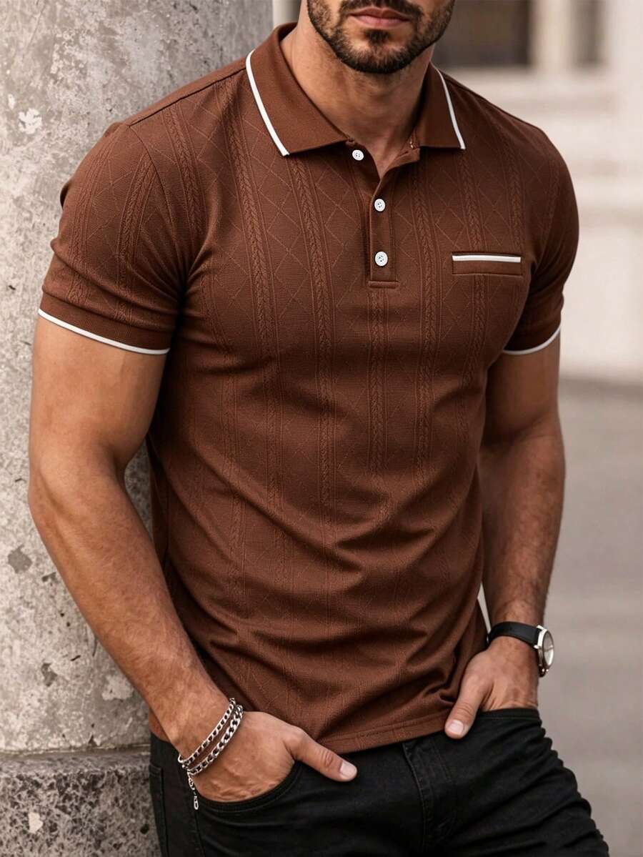 Manfinity Mode Men's Contrast Trim Casual Versatile Daily Outing Short Sleeve Polo Shirt - Brown - View 1