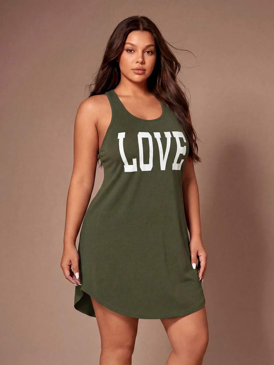 Lazeform Vestito da pigiama casual con spalline a spaghetti aderente per taglie comode con stampa a cuore - Verde militare - Visualizzare 1