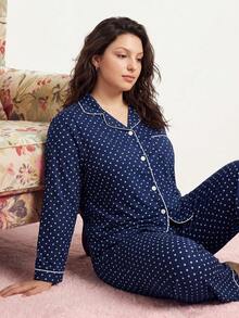 Elorette Plus Size Ditsy Floral Ruffle Collar Long Sleeve PJS Sleepwear Set , Fall & Winter Clothes Plus Size PJS Curve Plus PJS Plus Size Pijama For Women - Navy Blue - View 1