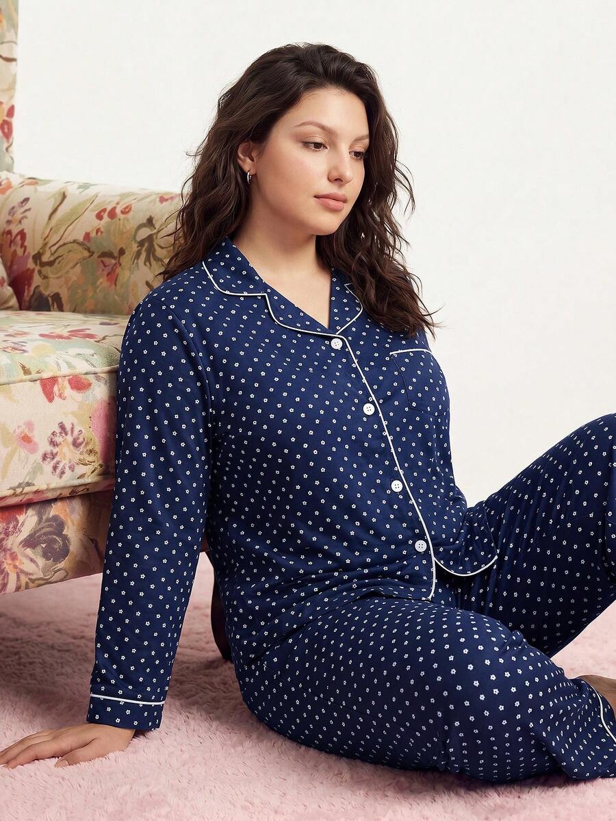 Elorette Plus Size Ditsy Floral Ruffle Collar Long Sleeve PJS Sleepwear Set , Fall & Winter Clothes Plus Size PJS Curve Plus PJS Plus Size Pijama For Women - Navy Blue - View 1
