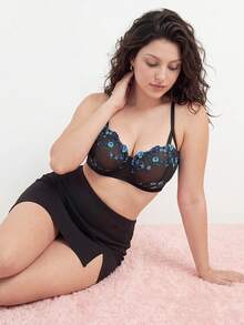 Elorette 1pc Plus Size Mesh Embroidered Underwire Bra Floral Bra Balconette Bra Plus Size Bra Plus Size Push Up Bra Embroidered Bra, Lift - Multicolor - View 2