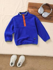 Genkimix Kids Little Boy's Light Green Textured Stand Collar Sweatshirt, Long Sleeve Half-Button Front, Playful Design - Navy Blue - View 4
